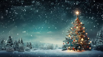 Wall Mural - glowing christmas tree with star in falling snow at night