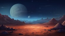 Mars Surface, Alien Planet Landscape. Night Space Game Background With Ground, Mountains, Stars, Saturn And Earth In Sky. Vector Cartoon Fantastic Illustration Of Cosmos And Dark Martian Surface 