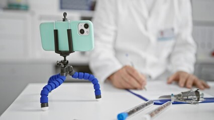 Wall Mural - Middle-age grey haired man, a devoted scientist in the lab, engrossed in his research, meticulously writes on clipboard using his smartphone