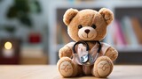 Teddy bear with a stethoscope in a blurred setting.