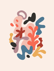 Leinwandbilder - Modern abstract poster with creative geometric shapes. Trendy elements pattern, card design. Blobs, blots, algae, natural background, wall art in minimalism style. Colored flat vector illustration