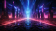 Dark cyberpunk city surreal landscape with neon glow light, virtual reality cyberspace and digital technology concept, futuristic abstract background.