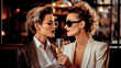 LESBIAN COUPLE IN A RESTAURANT WITH GLASSES OF CHAMPAGNE. legal AI