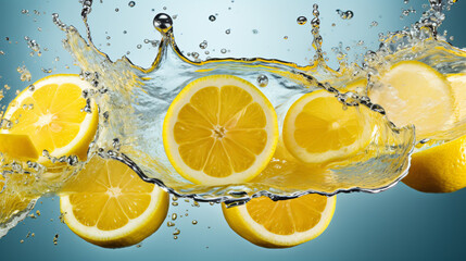 Fresh and juicy lemon slice and splashing water, close up shot, on blue background, beverage advertising concept.