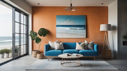 Wall Mural - Coastal interior design of modern living room with blue sofa and stucco distressed wall