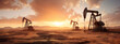 © ImageFlow - Oil drilling derrick, desert oilfield on sunset. Crude oil production. Dramatic lighting. Petroleum production. Commodities price drop off. Ai generative.