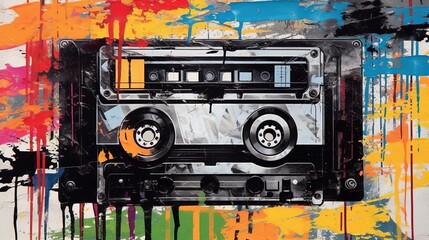 Wall Mural - Generative AI, Grunge audio tape cassette, pop art graffiti, vibrant color. Ink melted paint street art on a textured paper vintage background	