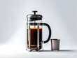 French press coffee pot with stainless steel cup. Plain background. 