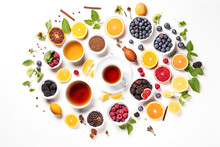 Creative Layout Made From Cups Of Tea, Fruits, Berries And Herbs. View From Above