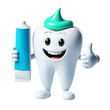 Smiling cartoon tooth character with toothpaste, 3d style, isolated, transparent PNG