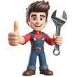 Smiling Auto Mechanic, cartoon 3d style character, showing thumbs up, isolated, transparent PNG.