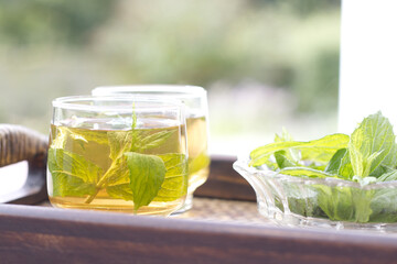 Herbal Mint Tea. Spearmint Tea in a clear glass on a bamboo tray serving with fresh mint leaves and flower in the morning sunrise. Healthy food concept Herbal Tea. 