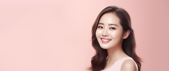 asian modeler poses for beauty and cosmetics product advertising, copy space for text, soft and smoo