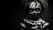 Black and white image of creepy horror doll with glowing eyes, copy space for text