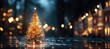 This Christmas abstract background features a miniature Christmas tree against a blurred backdrop, creating a festive atmosphere with a subtle depth of field effect. Photorealistic illustration