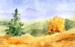Watercolor autumn landscape. Hand-drawn illustration
