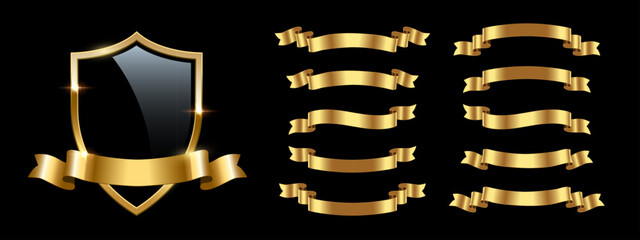 Black glass shield with gold ribbons set of different shapes, 3d glossy insignia or prize