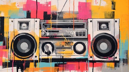 Wall Mural - Generative AI, Grunge audio recorder, pop art graffiti, vibrant color. Ink melted paint street art on a textured paper vintage background