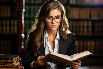 Canvas Print - In pursuit of legal clarity, a young attorney diligently marks vital passages in a hefty law tome, her eyewear capturing the essence of her findings.