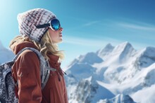 Generative AI image of a Female Traveler. a young female traveler in warm clothes ski helmet and goggles looking away while standing on snowy mountain slope