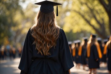 Wall Mural - back view Close up woman of university graduates wearing graduation gown cap. ai generative