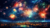 Fototapeta Miasta - Bright fireworks on night sky