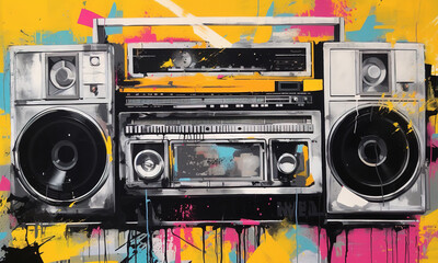 Wall Mural - Generative AI, Grunge audio recorder, pop art graffiti, vibrant color. Ink melted paint street art on a textured paper vintage background