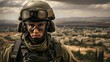 Generative AI image of a close-up image of an Israeli infantry soldier wearing a green uniform and a helmet. War zone in the background