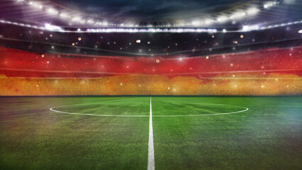Wall Mural - textured soccer game field with neon fog with germany flag - center, midfield