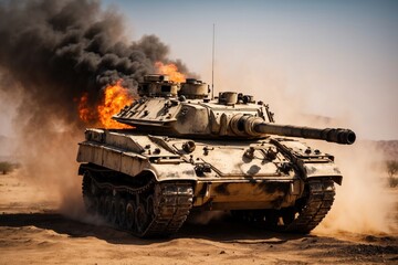 Wall Mural - tank in fire on war zone fire and smoke in the desert background. ai generative