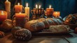 © Daisha - Still life with bread, pumpkins and candles. Selective focus
