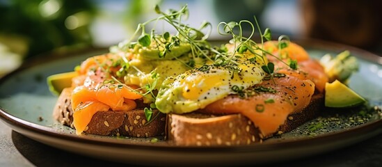 Avocado toast with salmon, avocado and microgreens on a plate