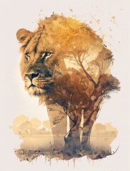 Wall Mural - Generative AI image of a lion double exposure with trees and grasslands safari autumn colors of orange brown and yellow, watercolor