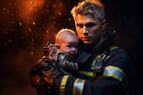 Fototapeta Sport - Firefighter in uniform rescue the baby and holding him in hands. Man and child with fire flames in background