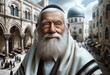 Generative AI image of a portrait of an elderly Jewish man with a white beard, wearing a tallit