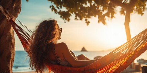 Woman relaxing in colorful hammock in tropical garden while relaxing in vacation. AI Generated