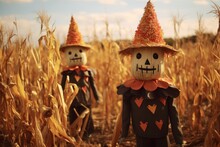 Festive Scarecrows Guarding A Field Of Candy Corn Stalks.
