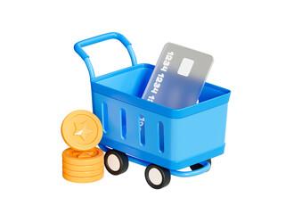 Canvas Print - 3D Shopping cart with credit card and golden coins. Blue basket for retail online. Purchase and payment. Order groceries from supermarket. Cartoon creative design icon isolated on white. 3D Rendering