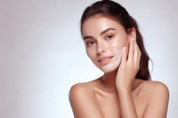 Wall Mural - smiling woman enjoying beauty treatment on white background. AI Generated