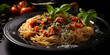 Leckere Spaghetti mit Basilikum und Parmesan auf dem Teller wunderschön angerichtet im Querformat für Banner, ai generativ
