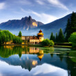 Wasserburg eine alte Burg gebaut ein einem atemberaubenden See mit einer schönen Spiegelung im Wasser