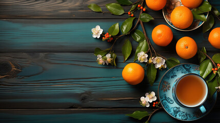 Wall Mural - Cup of herbal tea with citrus fruits,mint leaves on cutting boards and cinnamon on white surface. generative ai