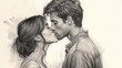 hand sketch in black and white of man and woman kissing, book novel cover