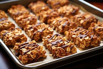 Sticker - a tray of granola bars with perfect golden-brown coloration after baking