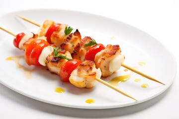 Wall Mural - skewered scallops and bacon on a pristine white plate