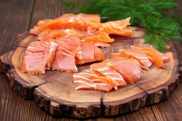 Wall Mural - smoked salmon pieces on a wooden plank