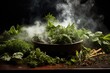 a variety of fresh herbs and spices in a large terracotta bowl on a dark background with smoke.