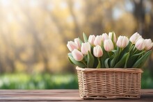 A Basket Of Fresh And In Full Bloom Pink And White Tulips On A Wooden Table. Springtime Photo
