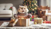 Cute Cat With The Gift Box In Living Room On Christmas Background.
