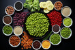 Lebensmittel
 knolling. Gesunde natürliche Bio-Lebensmittel. Frisches Gemüse. Hülsenfrüchte. 
 knolling Zusammensetzung. Flat Lay Ansicht von Lebensmitteln